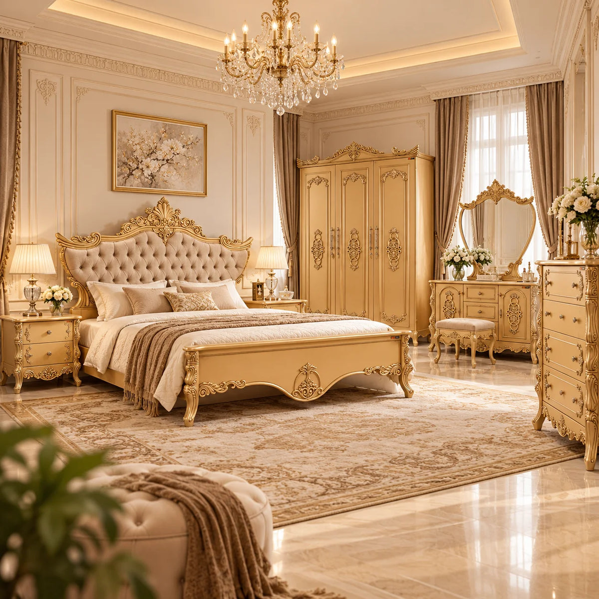 A luxurious bedroom set in a grand, ornate classical style, featuring a gold and beige tufted bed, matching nightstands, a tall wardrobe, a vanity table with an ornate mirror, and a matching chest of drawers, all arranged on a large patterned rug in a highly detailed room.