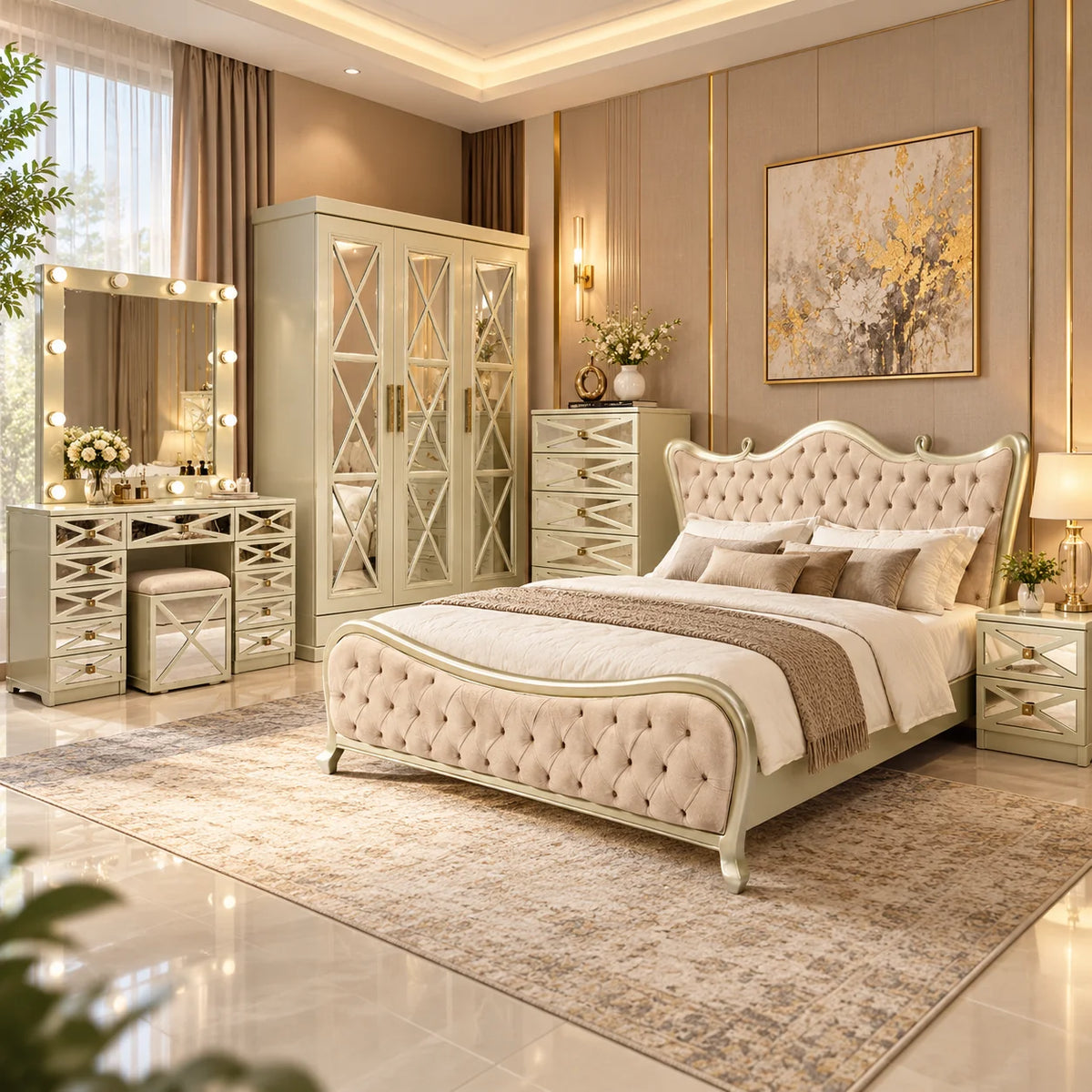 A luxury bedroom set featuring a tufted cream and pale green bed, a matching vanity table with a lighted mirror, a tall mirrored wardrobe, and a chest of drawers, all arranged on a large patterned rug in a warm beige room.