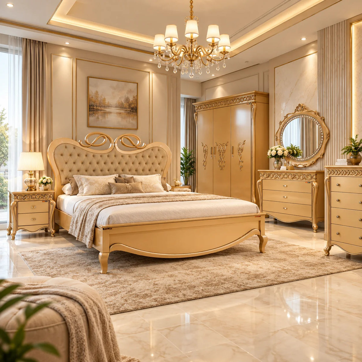 An elegant bedroom set featuring a cream and gold upholstered bed with a tufted headboard, matching nightstands, a gold three-door wardrobe, a gold dresser with an oval mirror, and a plush beige rug in a luxurious, well-lit room.
