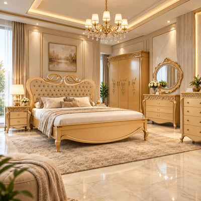 An elegant bedroom set featuring a cream and gold upholstered bed with a tufted headboard, matching nightstands, a gold three-door wardrobe, a gold dresser with an oval mirror, and a plush beige rug in a luxurious, well-lit room.