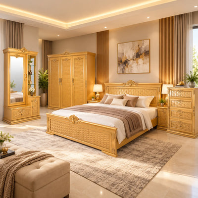 A luxury bedroom set featuring a golden wood bed frame, matching wardrobe, dresser, and mirror, styled in a warm, elegant room with beige walls and a patterned rug.