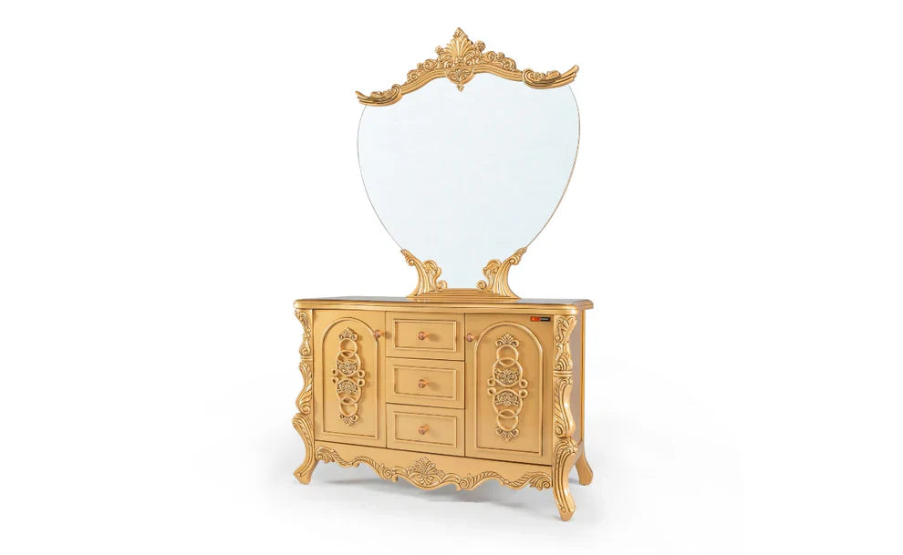 Decorative wooden dresser with a large mirror on a white background